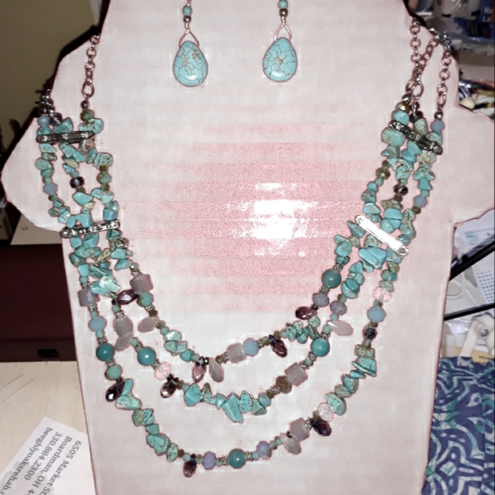 Handmade 2- piece agave stone chips Color turquoise Necklace and Earrings